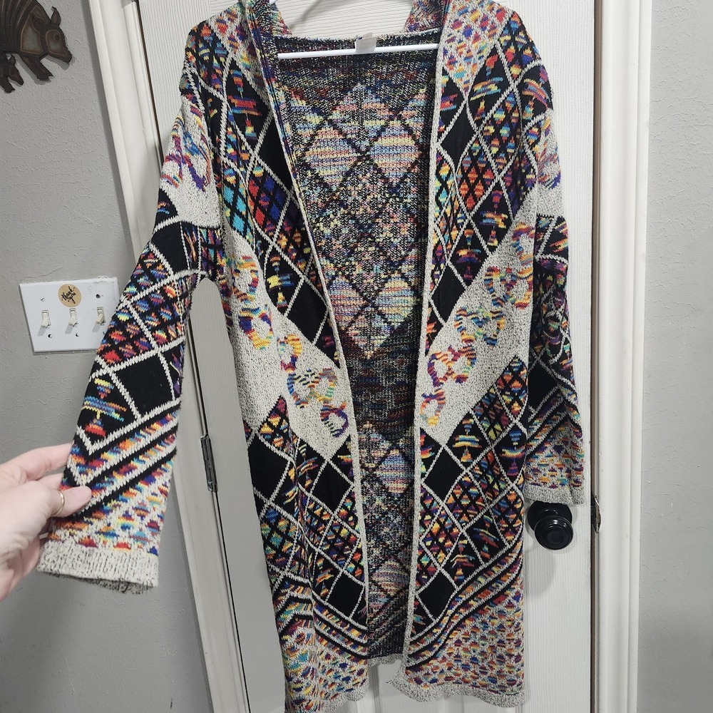 Pinklicious Hooded Cardigan Sweater M Colorful Boho Aztec Long Duster - Picture 7 of 16